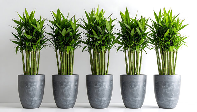 Row Of Five Healthy Green Bamboo Plants In Gray Modern Potted Containers On White Background