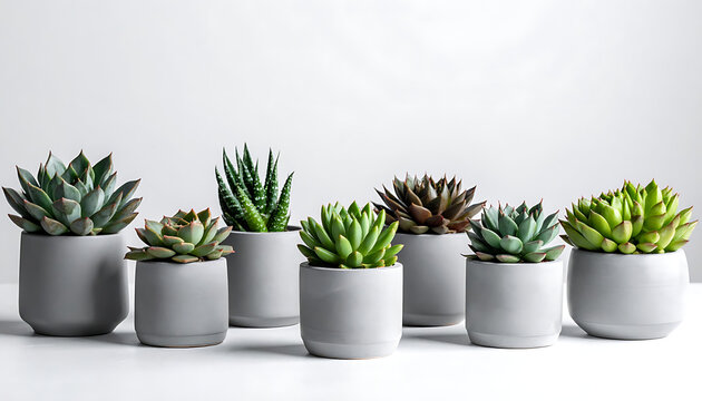 Row Of Various Green Succulent Plants In Modern Minimalist Pots On White Surface