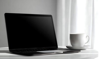 Fototapeta premium Laptop and coffee cup on table, symbolizing work, productivity, and remote work lifestyle.