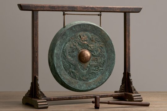 Verdigris bronze gong suspended in dark timber frame with mallet in a sharp focus studio shot for wellness and museum branding