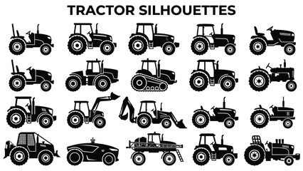 Black silhouettes of various tractors and farming vehicles on white background © AbdullahAl