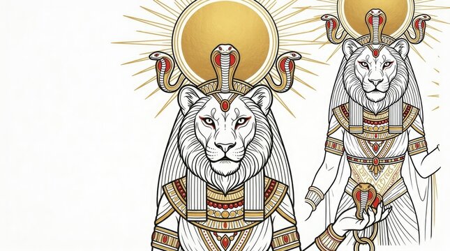Illustrated Egyptian Deities Sekhmet and Bastet With Sun Disk Headdresses on Light Background