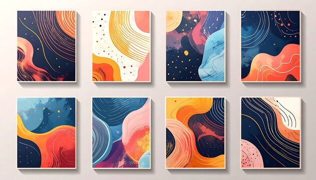 Set Of Abstract Modern Colorful Geometric Patterned Designs With Flowing Curves And Dynamic Lines