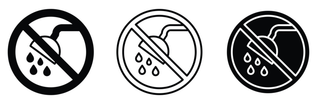 WebNo shower icon set. Prohibition circle sign with shower head and water drops symbol for hotel bathroom rules, public swimming pool restrictions, gym hygiene warning vector illustration.