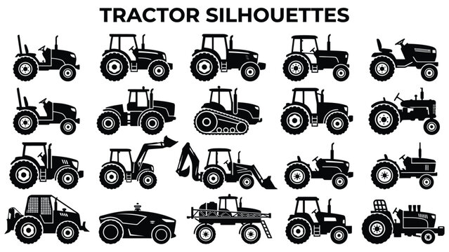 Black silhouettes of various tractors and farming vehicles on white background