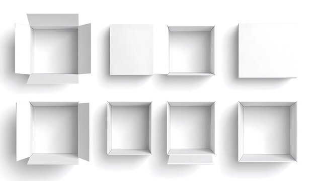 Set Of Eight White Empty Square Boxes With Lids Opened And Closed Arranged On White Background