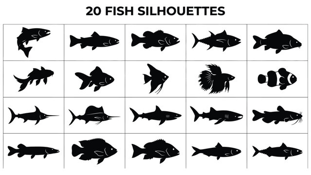 Collection of various black fish silhouettes on white background
