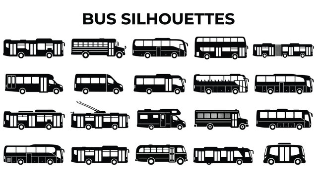 Collection of various bus silhouettes on white background for design use