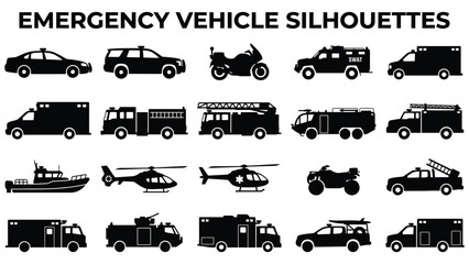 Collection of various emergency vehicle silhouettes on white background © AbdullahAl