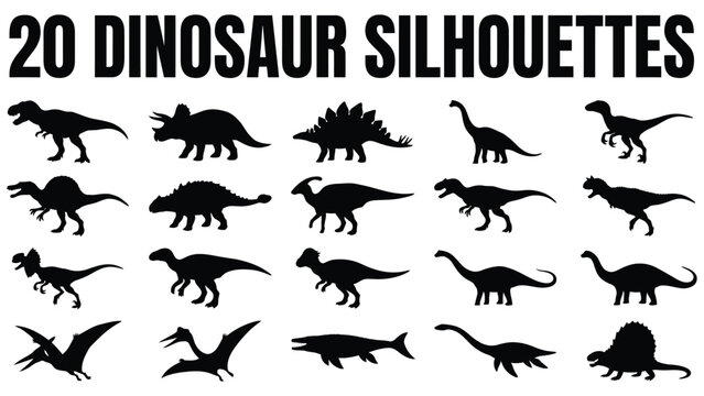 Collection of various dinosaur silhouettes on white background for design