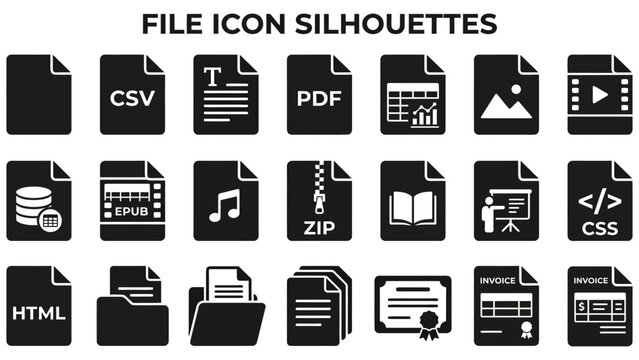 Collection of various file icon silhouettes on white background