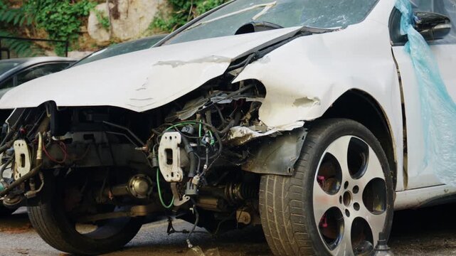 Severely damaged white car with missing front bumper and exposed mechanical parts parked in a scrapyard