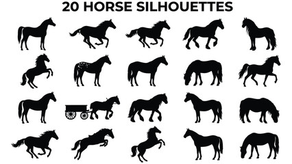Collection of various horse silhouettes in different poses and a cart © AbdullahAl