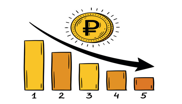 Russian ruble currency depreciation vector illustration showing ruble coin and falling bar chart financial economic crisis