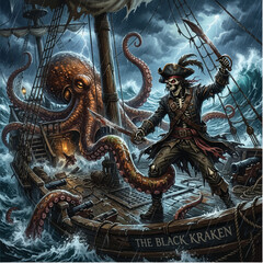 Naklejka premium The Black Kraken Engulfs a Viking Ship Amid a Thunderous Sea Battle.