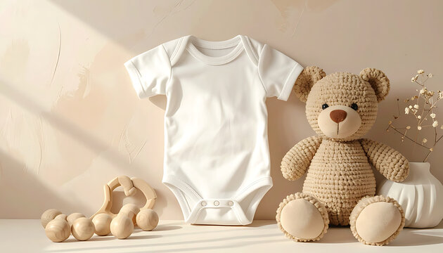 Soft Beige Baby Onesie Hanging on Wall with Knitted Teddy Bear and Wooden Toy in Nursery