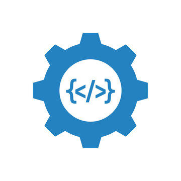 Gear symbol with programming brackets and slash icon inside.