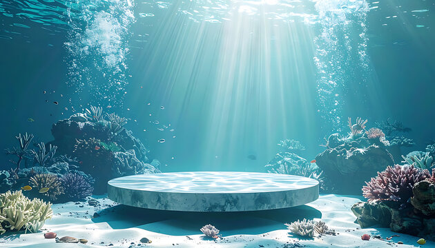 Sunlight Piercing Clear Blue Ocean Water Illuminating Coral Reef And Submerged Stone Platform