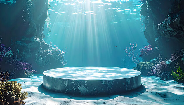 Sunlight Rays Piercing Underwater Ocean Cave with Rocky Coral Platform and Marine Environment
