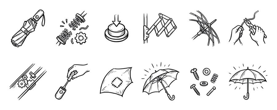 Hand-drawn umbrella repair and mechanics icons set showing various stages of fixing a broken object, including tools, broken parts, and the final repaired product in a sketch style
