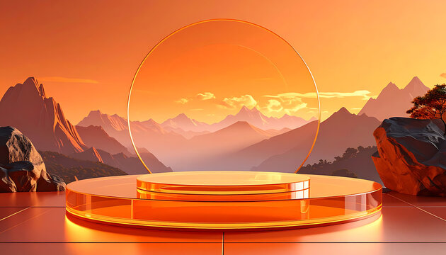 Sunset Over Rocky Mountain Landscape With Dramatic Orange Sky and Circular Sculpture on Plateau