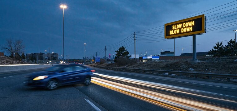 Roadside digital sign at dusk urging reduced speed on urban highway for driver safety awareness.