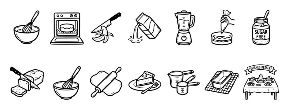 Collection of hand-drawn baking icons showing various cooking and dessert preparation steps, including a whisk, oven, blender, and finished cakes in a simple doodle line art style
