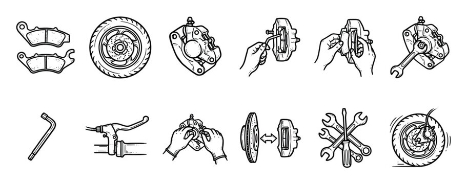 Hand-drawn motorcycle brake system repair icons showing maintenance steps, including caliper, disc, pads, and tools in a detailed black and white line art illustration style