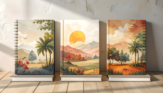 Three Panel Landscape Artwork Featuring Sunset Over Mountain Valley and Trees in Warm Autumn Colors