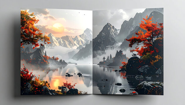 Tranquil Autumn Mountain Landscape With Lake Reflection and Misty Valley at Sunset