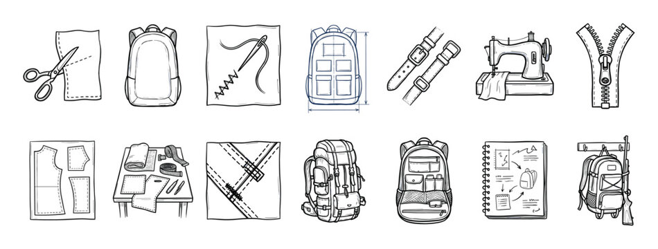 Hand-drawn backpack manufacturing and sewing icons set illustrating the crafting process from design sketch and pattern cutting to the final stitched product with tools and accessories