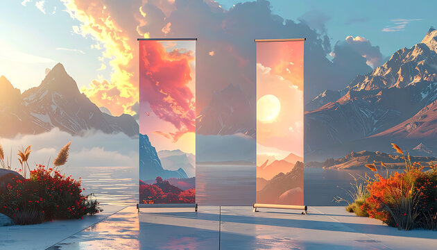 Tranquil Sunset Landscape With Reflective Mirrors Set Amid Mountain Lake And Vibrant Sky