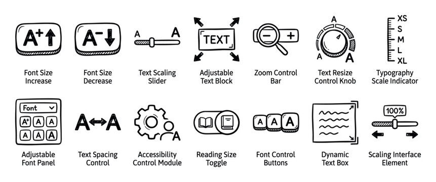 Hand-drawn doodle icons set for user interface design, illustrating typography controls like font size, text scaling, zoom, and accessibility features for readability