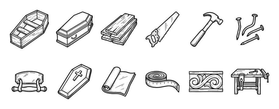 Hand-drawn set of coffin making icons including a casket, carpentry tools, wood planks, and funeral elements in a vintage woodcut illustration style for a carpenter or undertaker
