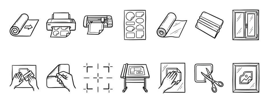 Hand-drawn sticker production and application icon set showing vinyl roll, printer, plotter, squeegee, and installation process in a simple black and white line art doodle style