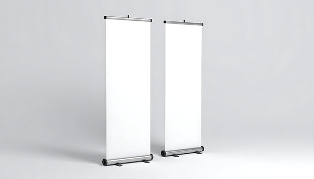 Two Blank Vertical White Roll Up Banners on Clean Minimalist Studio Background