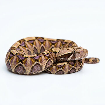 Gaboon viper coiled on white background. High-detail venomous snake with geometric scales and natural camouflage patterns