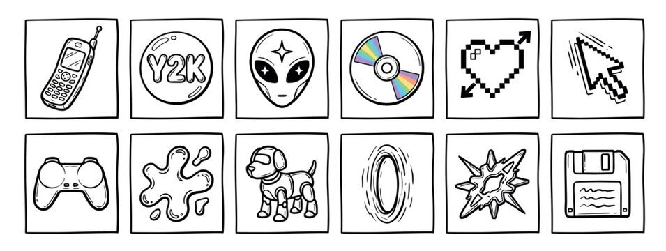 Collection of hand-drawn Y2K icons featuring a retro mobile phone, alien, CD, gamepad, and floppy disk in a nostalgic black and white doodle style for early 2000s themes