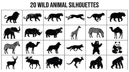 Collection of various wild animal silhouettes on white background © AbdullahAl