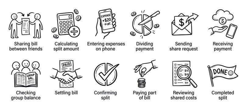 Hand-drawn icon set illustrating the process of splitting a bill, showing friends sharing costs, calculating amounts, and confirming payment in a simple black and white doodle style