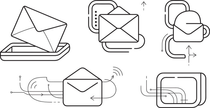 Email envelope and digital message line icon set for internet communication mail transfer technology business vector