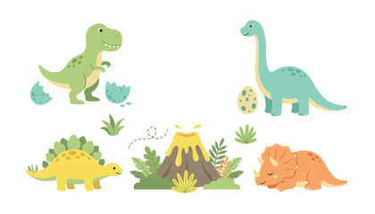 Cute dinosaur cartoon vector collection featuring tyrannosaurus triceratops brachiosaurus stegosaurus and erupting volcano with prehistoric nature elements © Siraj