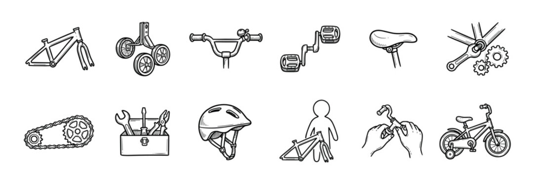 Doodle icon set of children's bicycle parts, safety accessories, and repair tools for assembly and maintenance in a hand-drawn sketch style illustration