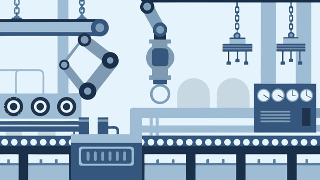 Industrial robotic arms and factory machinery depicted in a flat blue toned vector illustration automation assembly line palette circuitry clock