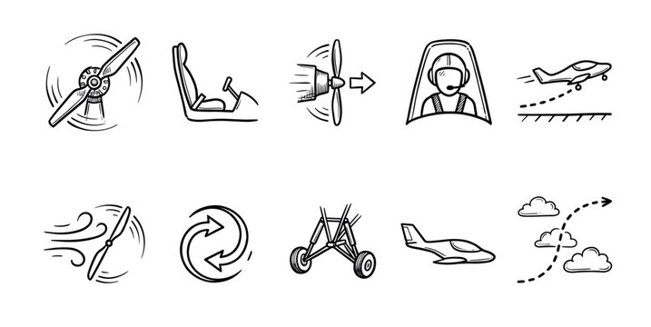 Hand-drawn aviation icon set with various flight-related elements like a propeller, pilot, airplane, and cockpit in a simple black and white doodle style illustration collection