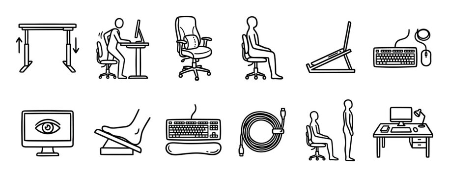 Ergonomic office equipment and posture icons set showing a sit-stand desk, chair, footrest, and correct sitting position for workplace wellness and health