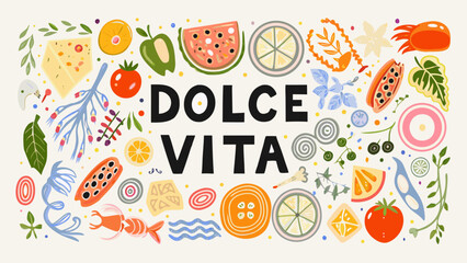 A vibrant floral ornament featuring fruits and foliage in a colorful vector illustration style apple apricot artichoke banana berry blood © Rabindrabath