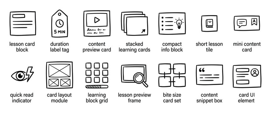 Hand drawn user interface icon set with various learning and content card elements for UX and UI design, presented in a simple black and white sketch style illustration