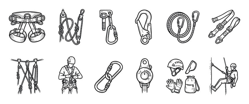 Collection of hand-drawn climbing equipment icons showing various safety gear like harnesses, carabiners, ropes, and helmets for industrial alpinism and mountaineering activities
