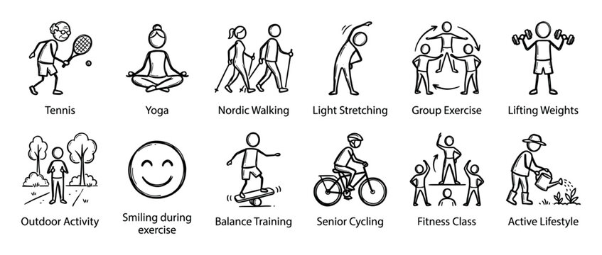 Hand-drawn icon set of senior fitness activities showing elderly people exercising, including yoga, cycling, tennis, and group classes for a healthy and active lifestyle
